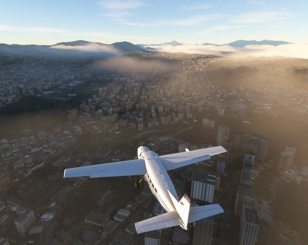 A Cessna Grand Caravan over Quito in Microsoft Flight Simulator.