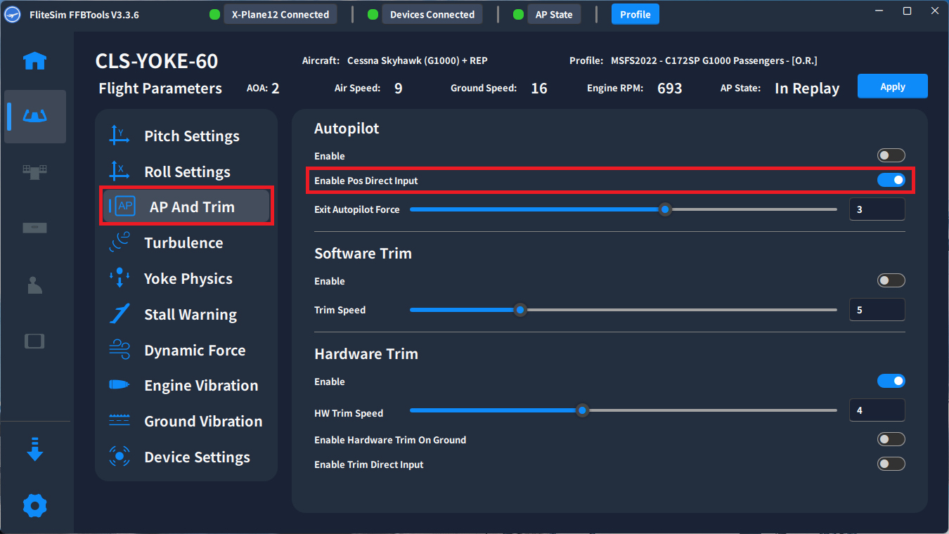 FFBTools AP And Trim settings with Enable Pos Direct Input highlighted