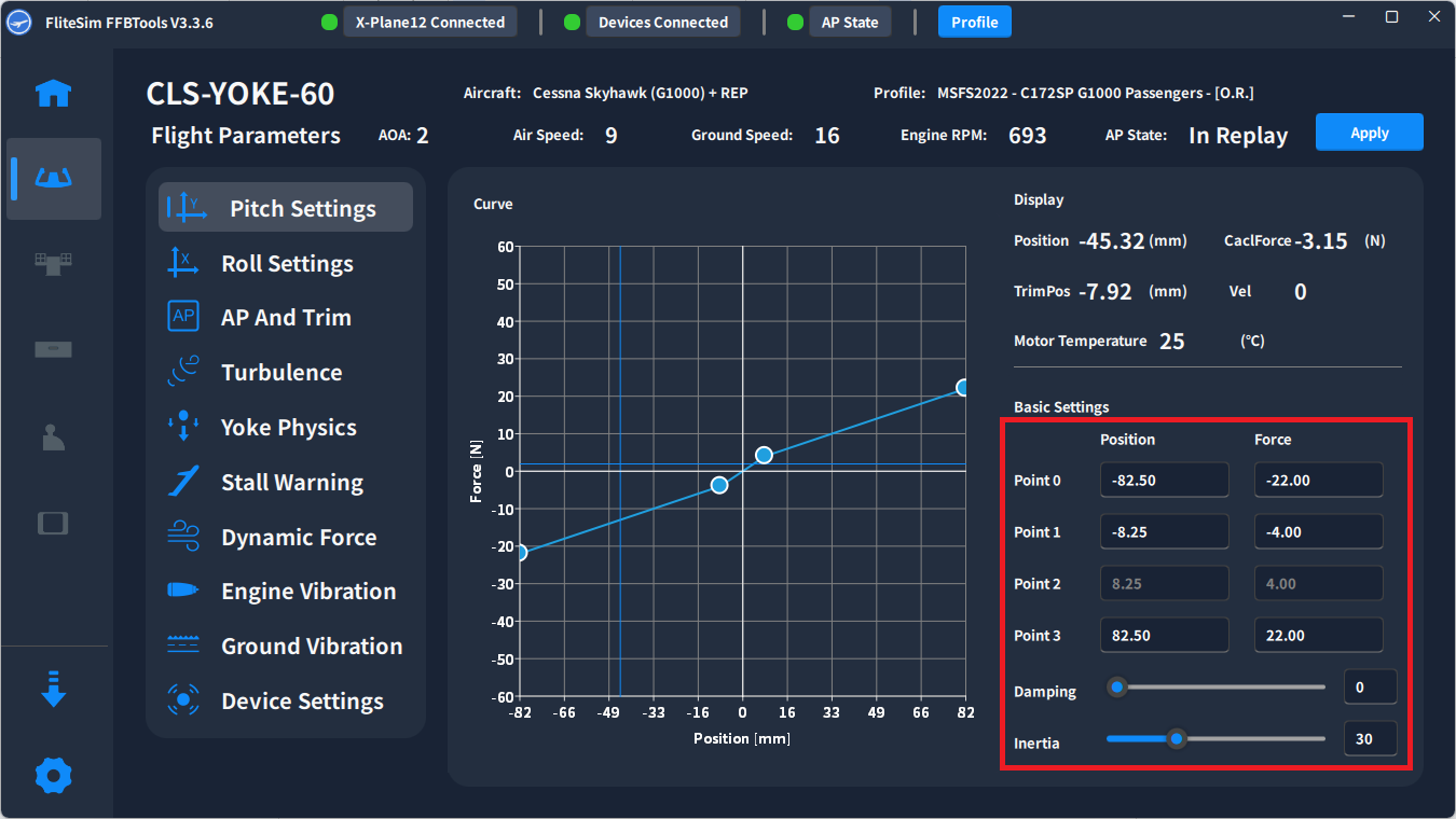 FFBTools Pitch Settings showing the force curve with Position, Force, Damping, and Inertia controls