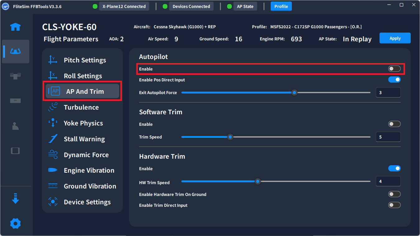 FFBTools AP And Trim settings with Autopilot Enable highlighted