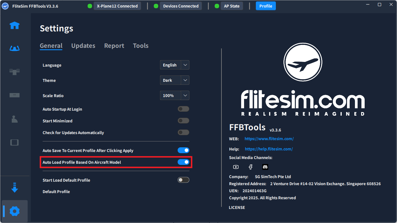 FFBTools Settings with Auto Load Profile Based On Aircraft Model highlighted