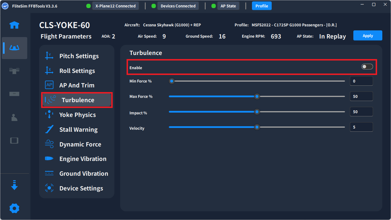 FFBTools Turbulence settings with Enable highlighted