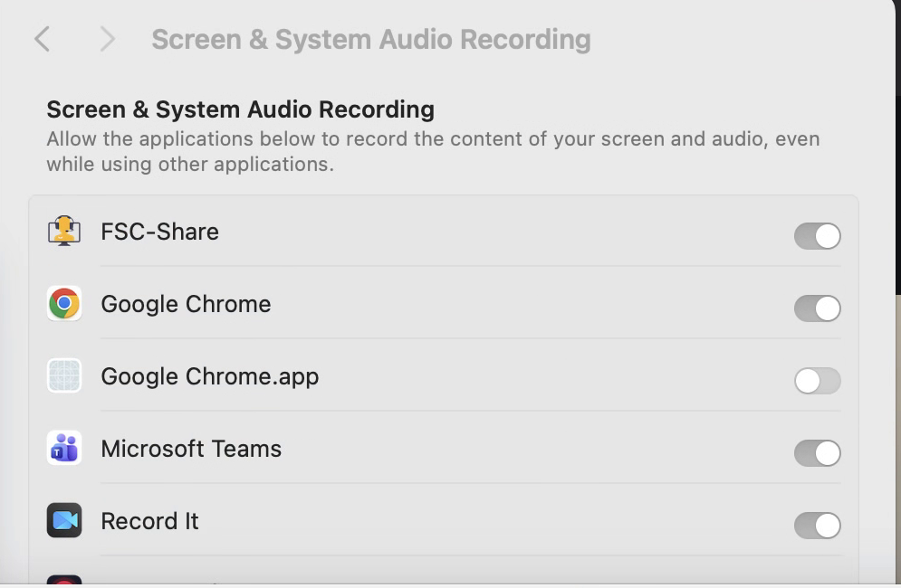 Turning FSC-Share on under Screen and System Audio Recording